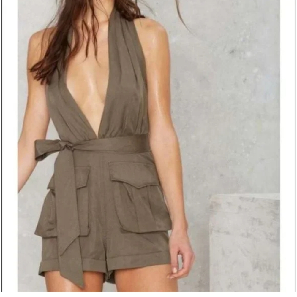 Nasty Gal Khaki Deep V Halter Romper